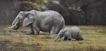 Spencer Hodge (British 1943) limited edition colour print 'Knee High' depicting an Elephant and calf