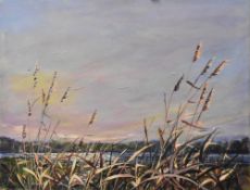 E Tracy (contemporary) acrylic on canvas 'Reeds' lake or riverscene, signed and entitled verso,