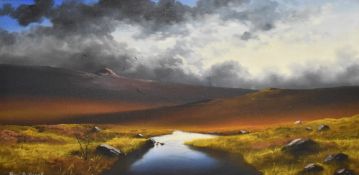 Brian D Horswell (British b.1939) oil on canvas, 'Last Light' a depiction of a moorland stream,