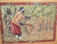 Hilary Armstrong (Contemporary) Batik showing a woman cutting crops with a machete, within gilt