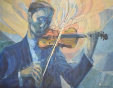 Diana E Webbe (British b.1934) a large modernist oil on canvas, violinist, signed and dated 63 lower