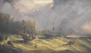 A large 19th/20th century English school oil on canvas, stormy coastal scene with lightning and