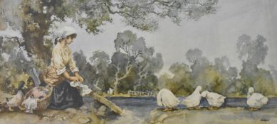 E Sturgeon (British, 20th Century) colour print 'Washerwoman and Geese', signed lower right,