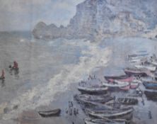 Claude Monet (French, 1840-1926) colour print depicting boats, cliffs and beach, within off white