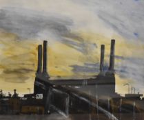 Artist unknown, a contemporary mixed media, industrial buildings and bridge, unsigned, within a