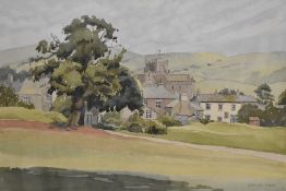 Kathleen Bibby (British contemporary) watercolour, rural village scene with church, signed lower
