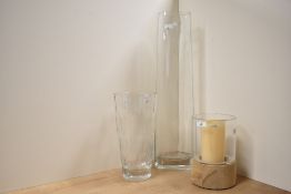 A group of glass vases, to include a large cylindrical clear glass vase, h60, a Stuarts glass