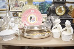 A Mintons cabinet plate and teapot, three blanc de chine figurines, a silver plated serving tray and