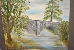 An colourful oil on board depicting a dual arch bridge over a river signed A Eglin 1975 to lower