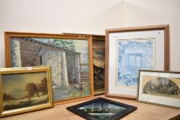 A selection of six pictures and prints including an oil on canvas Firing The Kiln-Gateway Mill