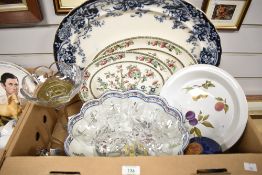 Six Gunther Lambert style heavy glass dishes, a pressed glass tazza, a Royal Worcester 'Evesham' pie