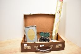 A vintage leather case, w39.5cm, sold together with a chatelain pencil case, a photo frame, a pair