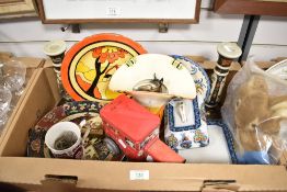 A reproduction Clarice Cliff 'Fantasque' plate, a pair of Satsuma style candlesticks. A vintage