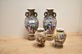 A nice pair of early 20th century Japanese Satsuma Moriage vases, h24cm, sold together with