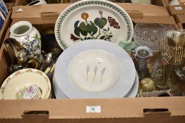 A Portmeirion 'Botanic Garden' dinner plate and crocus vase, two Bunnykins dishes, a selection of