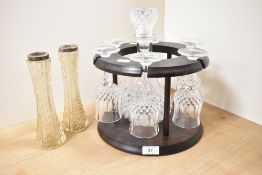 A 20th century mahogany decanter stand with a crystal cut decanter and 6 glasses, h20cm, sold
