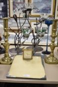 A pair of brass candlesticks, h29cm, sold together with a Roamer clock, a Foframe frame ect
