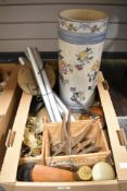A miscellaneous selection of items including a ceramic umbrella stand having blue banding and floral