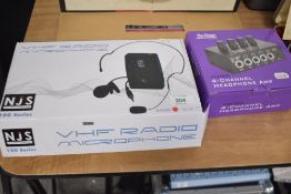 An NJS VHF radio headest microphone and an On Stage 4 channel headphone amp