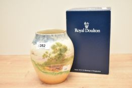 A Royal Doulton Bone China baluster vase, hand coloured with landscape scene, maker marks to base