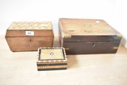 A 19th century tea caddy having parquetry top and two lidded compartments, L22cm, sold together with