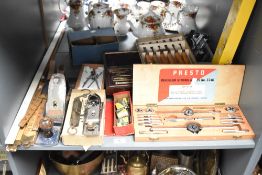 A quantity of tools, to include a box of spanners, a Stanley plane, measure rules, a Presto