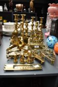 A quantity of brass ware, to include candlesticks, paperweights and ink well ect, (22)