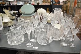 A Stuart cut crystal 'Madison' pattern wine carafe, h26cm, sold together with 22 wine glasses, 3