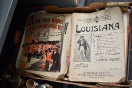 A box containing various sheet music, to include Loouisiana, Laurence Wright, H. Ileber ect, over 30