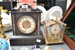 A late 19th / early 20th century black slate 8 day clock, h27cm, sold together with a brass cased