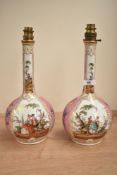A pair of Dresden porcelain bottle vases converted into lamps, decorated with figural panels on a