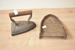 An early 20th century W. R. Hatton & Sons Ltd of London iron with stand, (2)