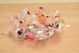 A Czech mottled style glass dish having flared edges, w14cm