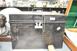 A vintage black metal deed box, h27cm x w40cm