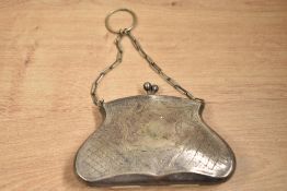 A white metal purse having brown faux leather lined interior, w11cm