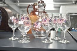 A Rattenberg Handbemalt glass pitcher set, hand painted with floral patterns, (8)