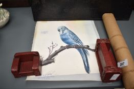 After Sunkatchan, (Hong Kong) 1983, oil on silk, depicting a blue budgie perched on a branch, signed