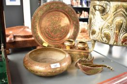 A 20th century brass bowl, w22cm, sold together with a similar plate and trinket box ect, (8)