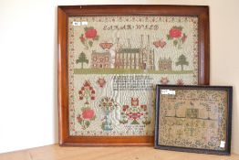 Two 19th century needlework samplers dated 1840 and 1845, performed by Sarah Wilde and Sarah Wild.