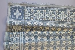 A vintage woven blanket in shades of blue and neutrals, soft natural fibers, having a central repeat