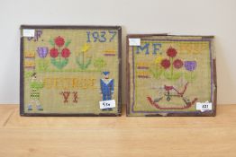 Two needlework samplers dated 1937, both depicting crowns and simple flowers, one initialled 'J.