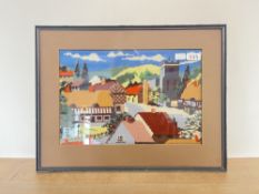 Two framed cross stitch artworks, one mid-century style having rich warm block colours, blue,