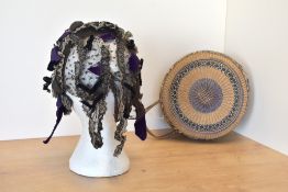 A Victorian headband and carrying basket, the headpiece or veil in black and beige lace with black