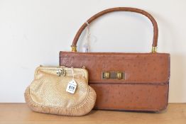 A vintage African ostrich leather baguette bag with structured handle, in tan textured leather,