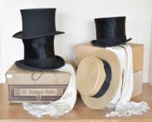Five antique and vintage men's accessories, including two black silk top hats, one being a