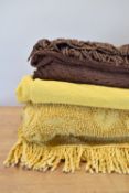 Six vintage cotton throw blankets in custard yellow, mustard and chocolate brown, two having twist