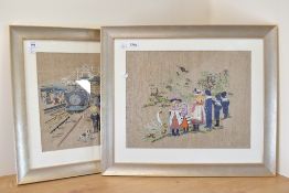 Two framed hand-made embroideries, one depicting a railway station scene with family and dog, in a