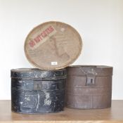 Three antique hat boxes, two metal and one card labelled 'from G.A. Dunn & Co. Ltd. Hat Makers...