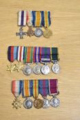 Miniature medals, three unattributed groups mounted for wear, comprising WW1 Military Cross, 1914-15