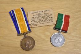 WW1 Mercantile Marine and British War Medal pair, both impressed to MICHAEL COURTNEY. Online sources